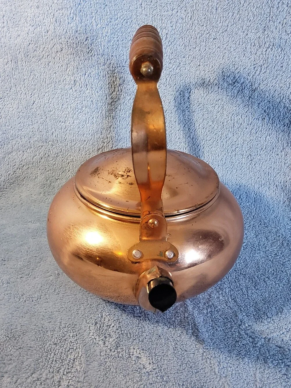 Vintage 1984 Copper Tea Kettle Taiwan FTDA Wood Handle Farmhouse Cottagecore